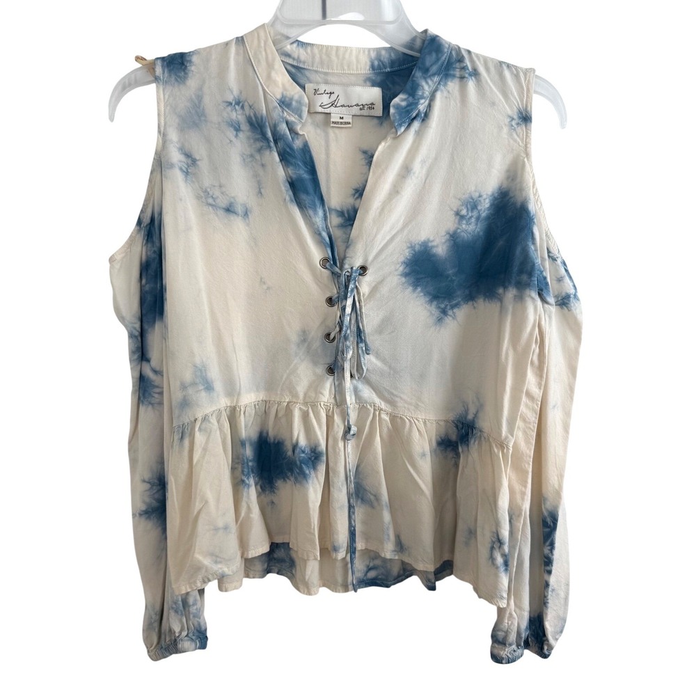 Vintage Havana Blue Tie Dye Cold Shoulder Lace Up Peplum‎ Blouse Medium Boho